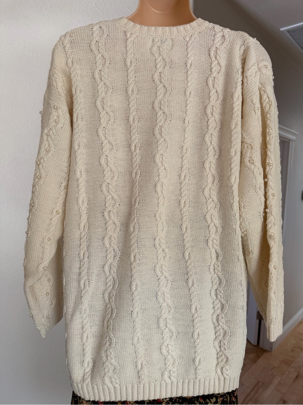 VTG 90s Leslie Fay Pearl Cable Knit Ramie Cotton Oversized Sweater Cottagecore S - Picture 9 of 15
